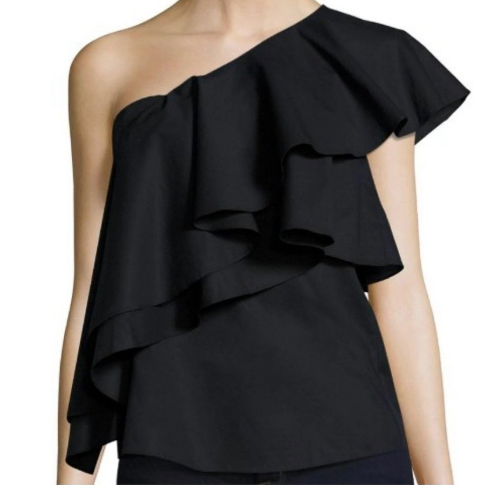 MILLY New York 100% Italian Cotton One Shoulder Ruffle Blouse Black 8 luxury